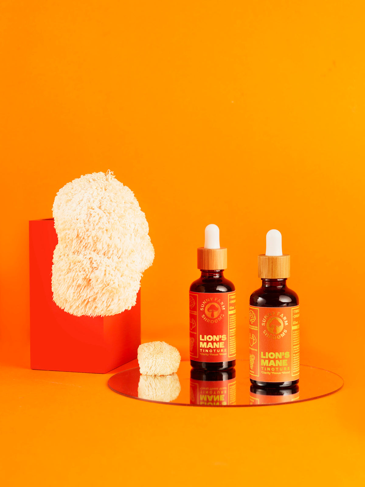 Two bottles of organic lion's mane tincture with some fresh lion's mane